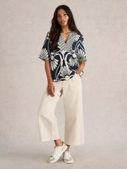 White Stuff Ash Linen Blend Top Navy Print