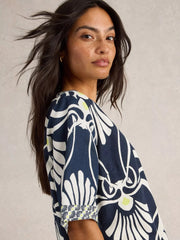 White Stuff Ash Linen Blend Top Navy Print