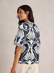 White Stuff Ash Linen Blend Top Navy Print