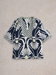 White Stuff Ash Linen Blend Top Navy Print