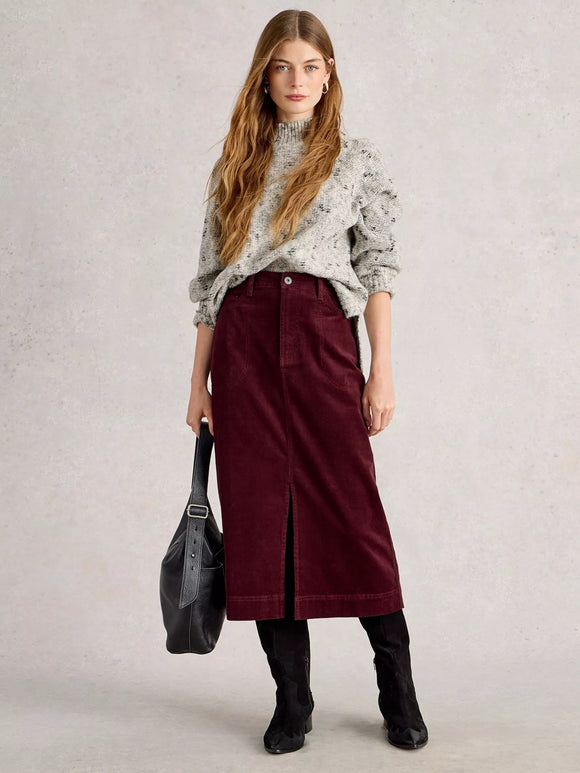 White Stuff Tia Cord Midi Skirt Dark Plum