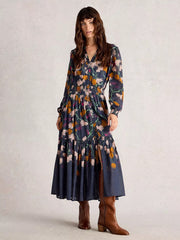 White Stuff Yuki Metallic Midi Dress Navy MLT