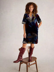 White Stuff June Velvet Dress Navy Multi