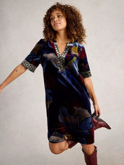 White Stuff June Velvet Dress Navy Multi