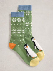 White Stuff Fluffy Penguin Cabin Sock Green MLT