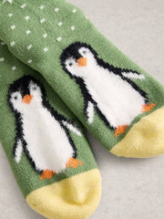 White Stuff Fluffy Penguin Cabin Sock Green MLT