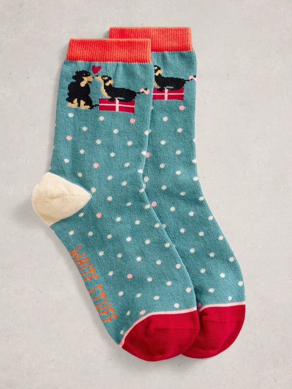 White Stuff Xmas Dog Sock In A Crack Blue MLT