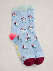 White Stuff Ski Penguin Socks Blue MLT