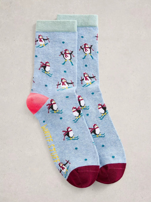 White Stuff Ski Penguin Socks Blue MLT
