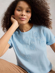 White Stuff Gina Embroidered Tee Mid Blue