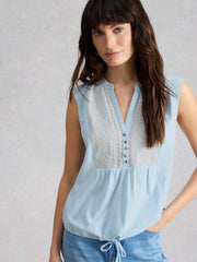 White Stuff Peony Sleeveless Shirt Mid Blue
