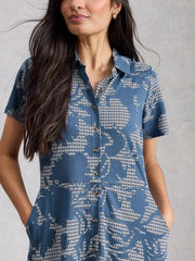 White Stuff Rua Jersey Shirt Dress Blue Print
