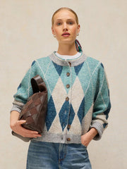 White Stuff Argyle Check Cardi Blue MLT