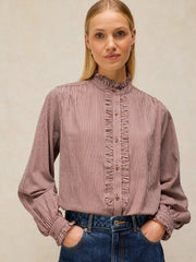 White Stuff Frill Neck Striped Shirt Brown MLT