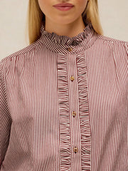 White Stuff Frill Neck Striped Shirt Brown MLT
