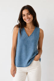 Oui V-Neck Sleeveless Top Denim Blue