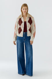 Oui Knit Cardigan With Detachable Faux Fur Collar & Argyle Pattern