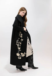 Psophia Long Coat With Floral Embroidery Black