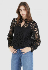 Marc Aurel Black Lace Blouse With Stand Up Collar