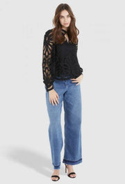 Marc Aurel Black Lace Blouse With Stand Up Collar