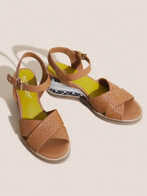 White Stuff Mid Tan Leather Wedge Woven Sandals